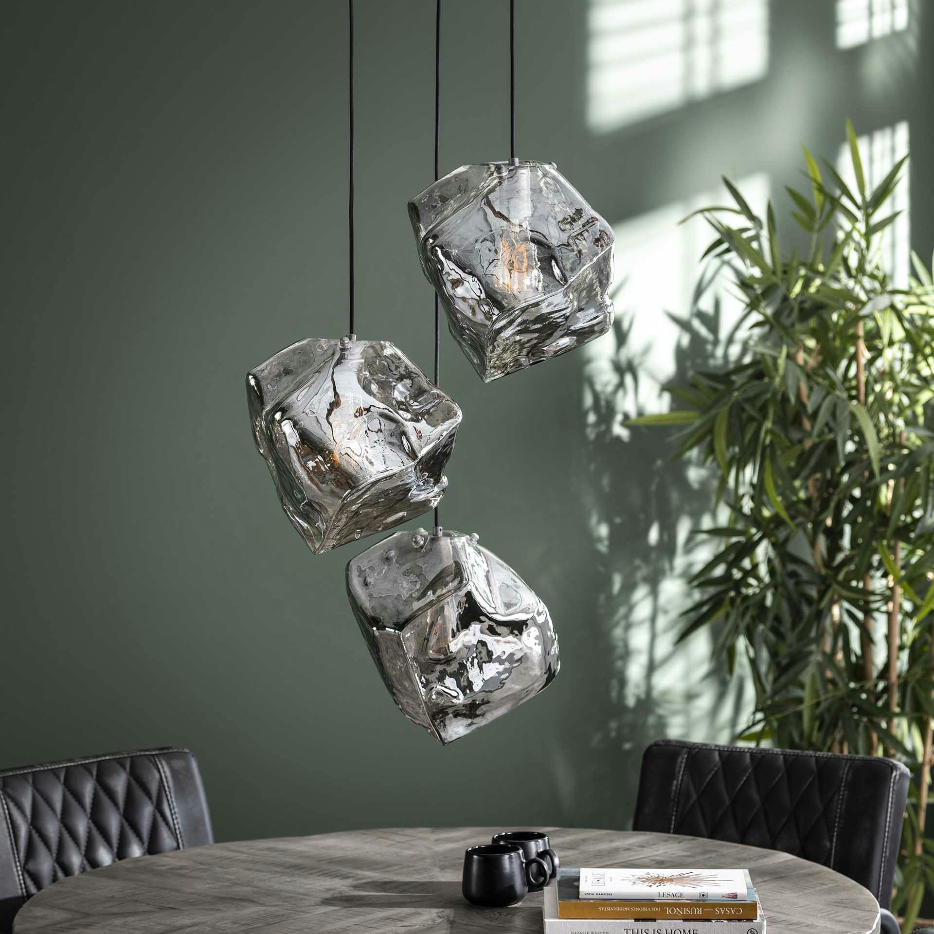 Suspension contemporaine 3 lampes effet glaçon finition chromée NIAGARA