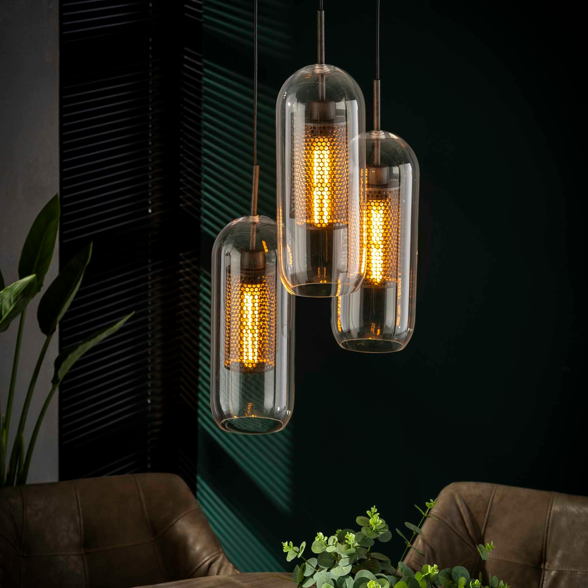 Suspension contemporaine 3 lampes verre acier perforé NIAGARA
