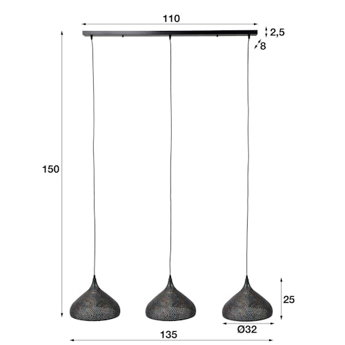 Suspension contemporaine ajourée 3 lampes forme bougie RALF