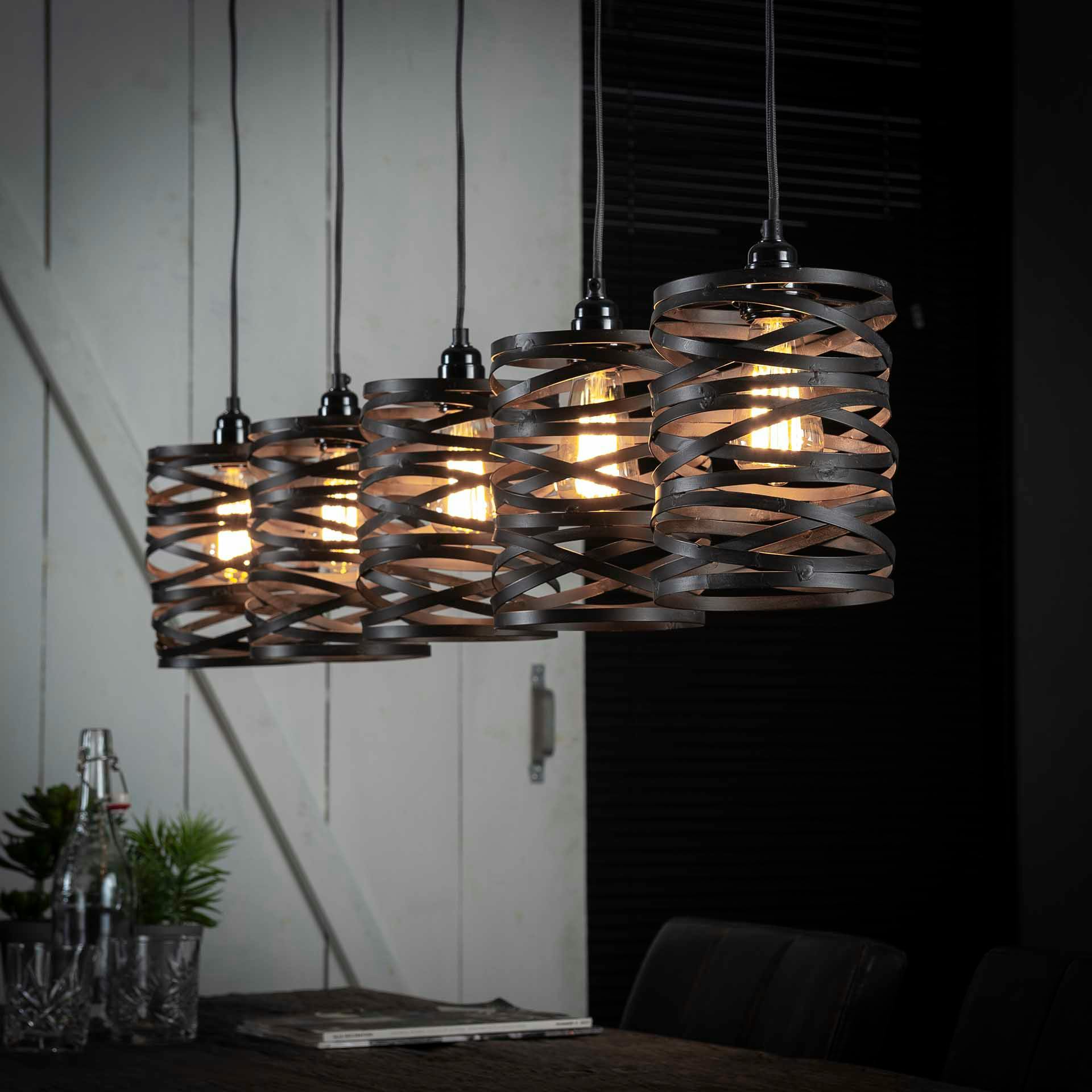 Suspension contemporaine effet ruban gris ardoise 5 lampes RALF