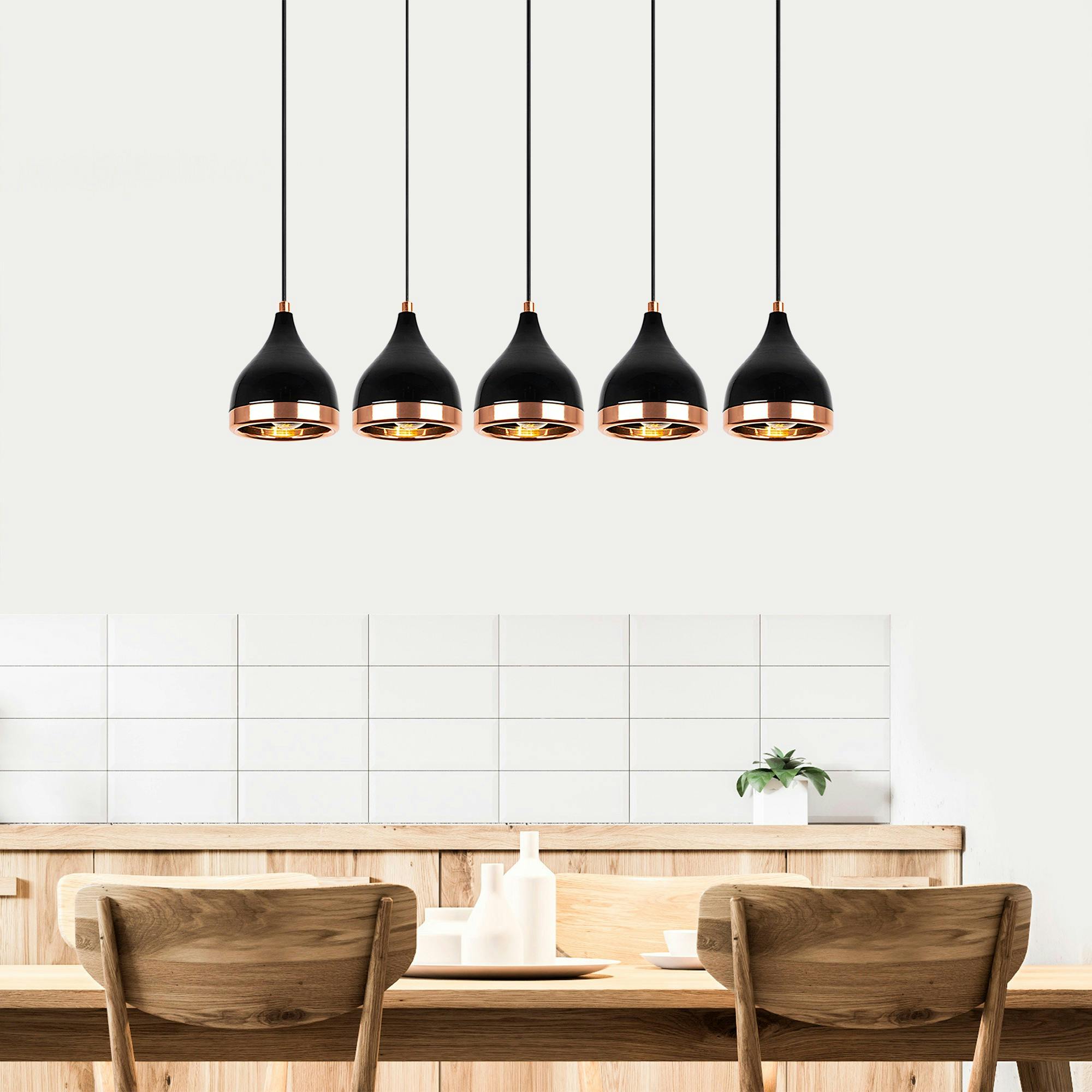 Suspension cuisine noire & cuivre, 5 abat-jour SILE
