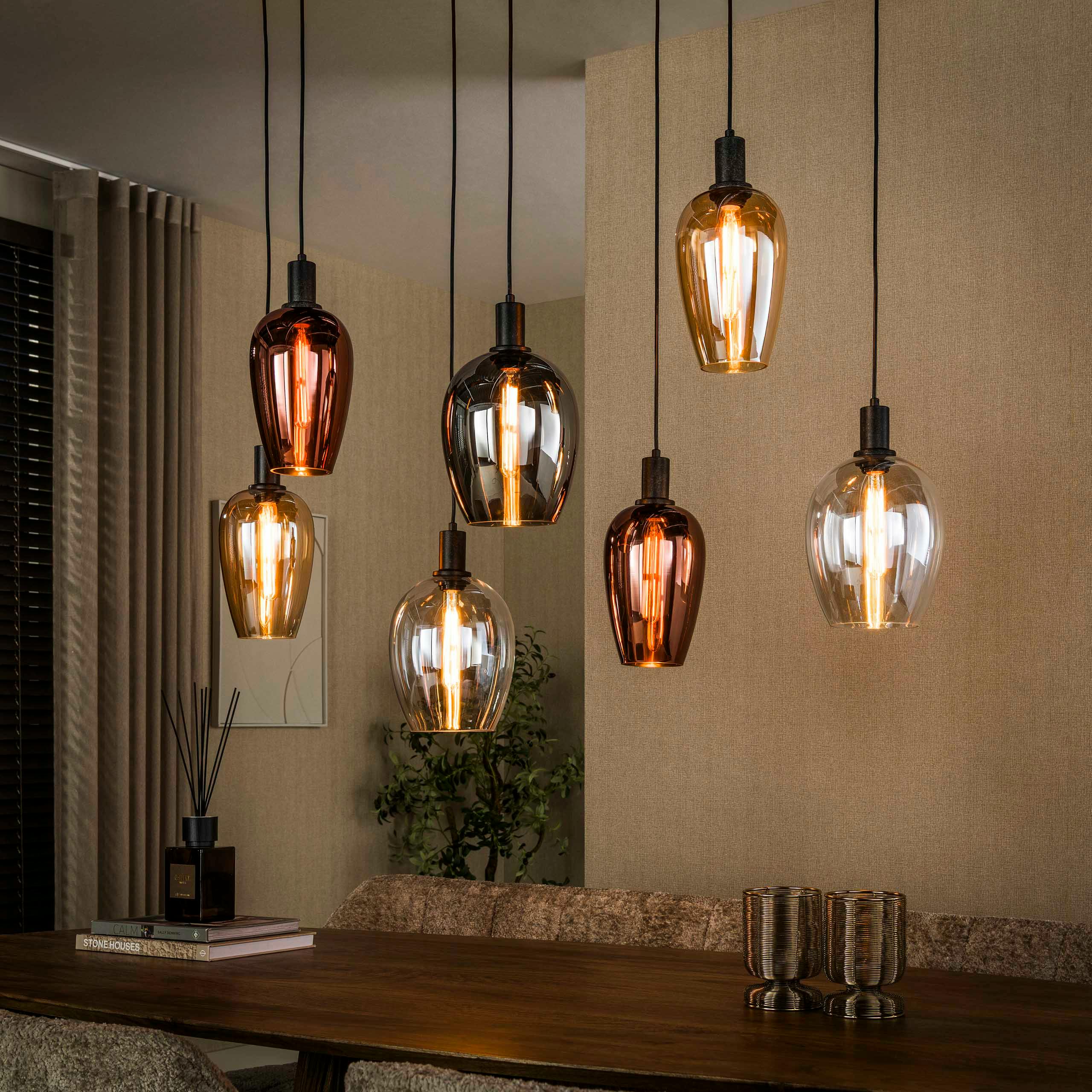 Suspension cuisine verre multicolore 7 abat-jour NIAGARA