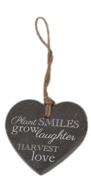 Suspension C?ur en ciment gris foncé "Plant Smiles grow Laughter..." 10x13cm