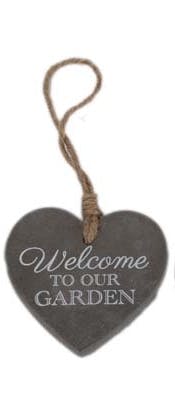 Suspension C?ur en ciment gris foncé "Welcome to our Garden" 10x13cm