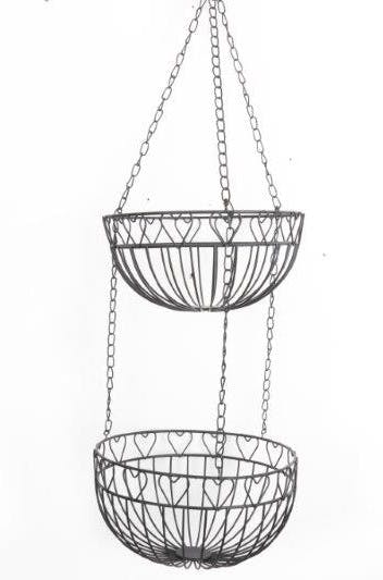 Suspension de 2 paniers métal noir déco lignes et c?urs et chaîne métallique 23x78cm