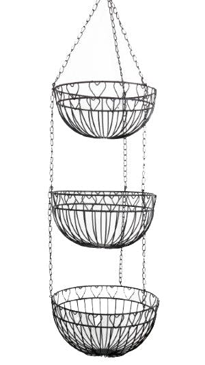 Suspension de 3 paniers métal noir déco lignes et coeurs et chaîne métallique 25x96cm