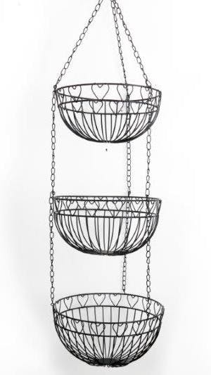 Suspension de 3 paniers métal noir déco lignes et coeurs et chaîne métallique 25x96cm