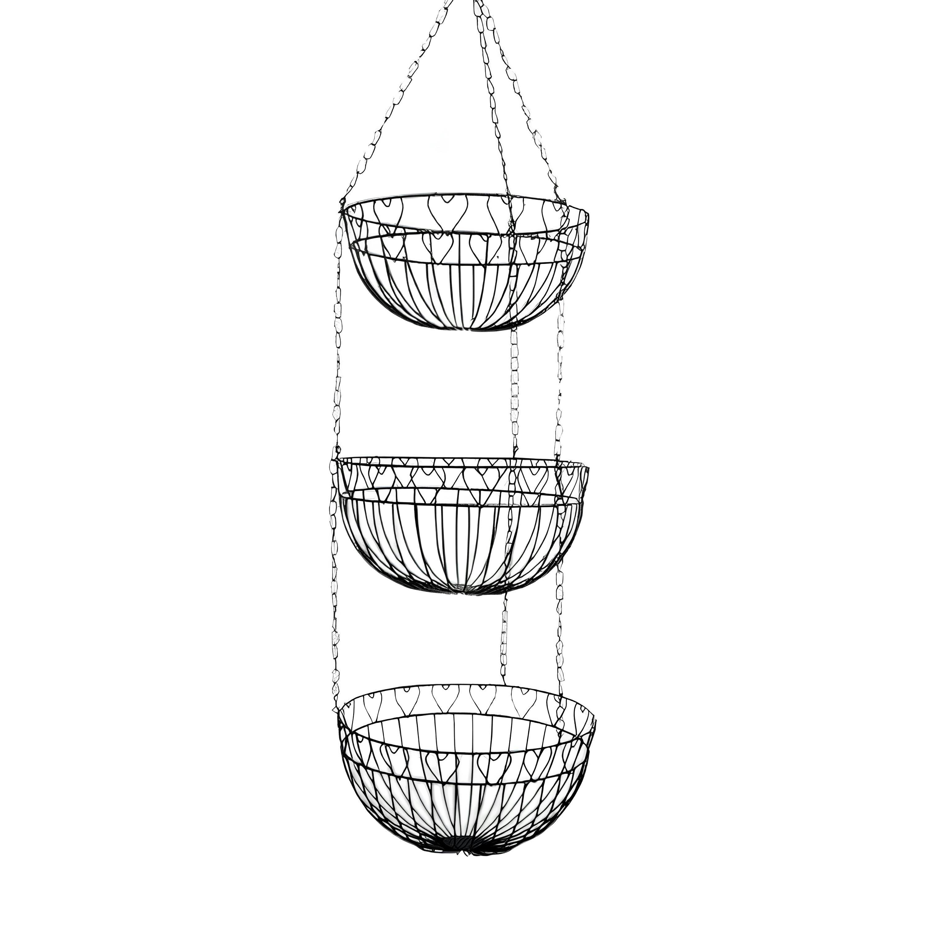 Suspension de 3 paniers métal noir déco lignes et coeurs et chaîne métallique 25x96cm