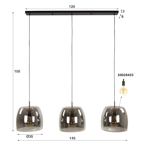 Suspension de table à manger en verre fumé forme cloche 3 abat-jour NIAGARA