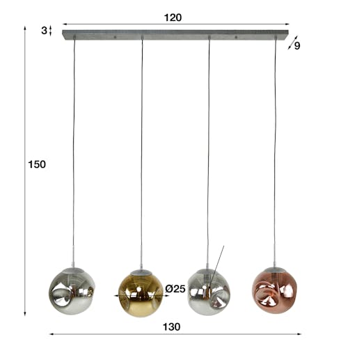 Suspension de table multiple en verre déformé or, cuivre et chrome NIAGARA