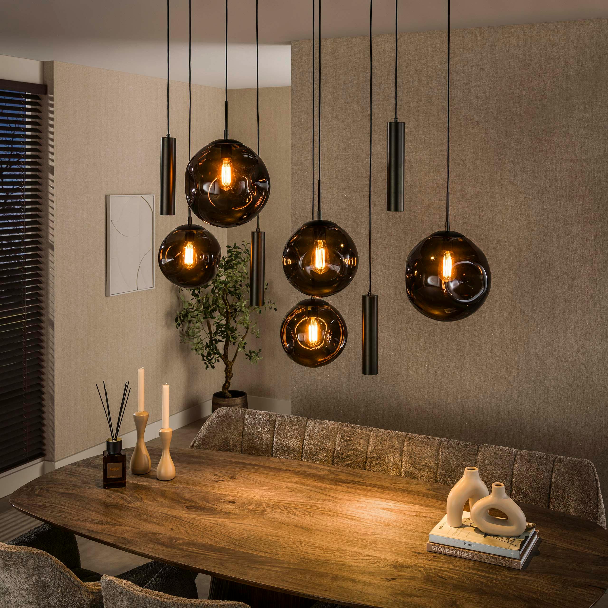 Suspension de table verre brun métal bronze 9 lampes NIAGARA
