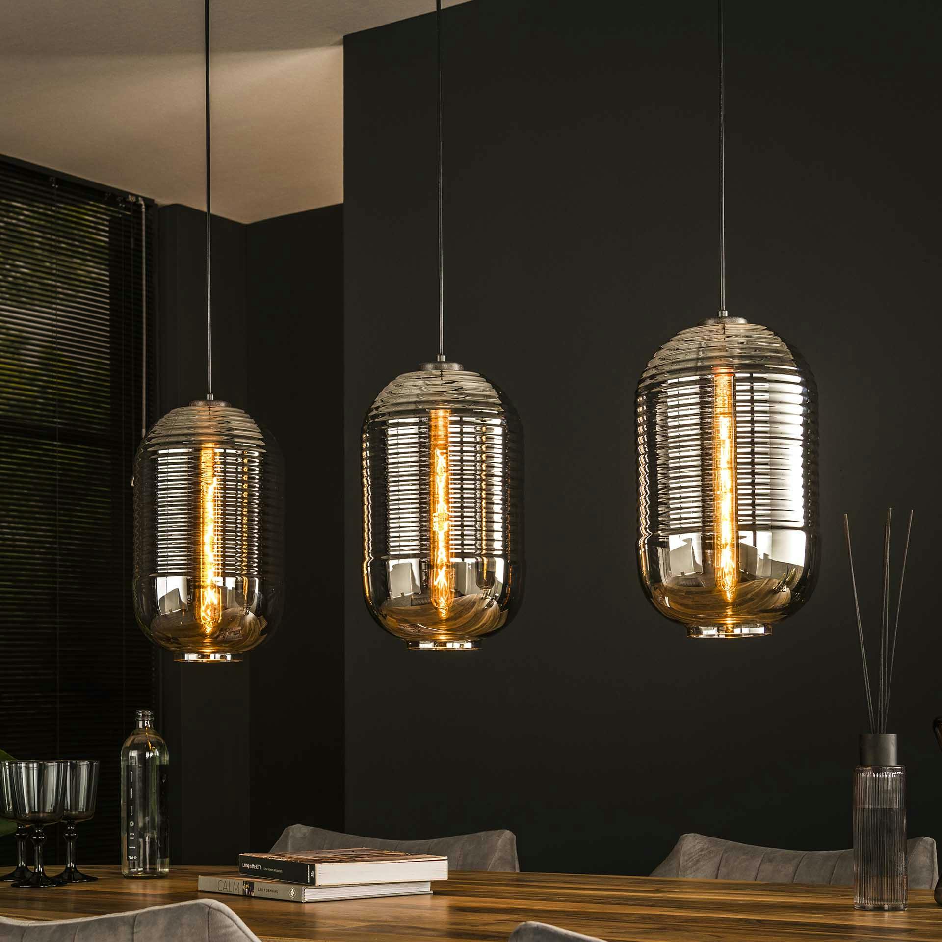 Suspension design en verre chromé et strié 3 lampes NOVA