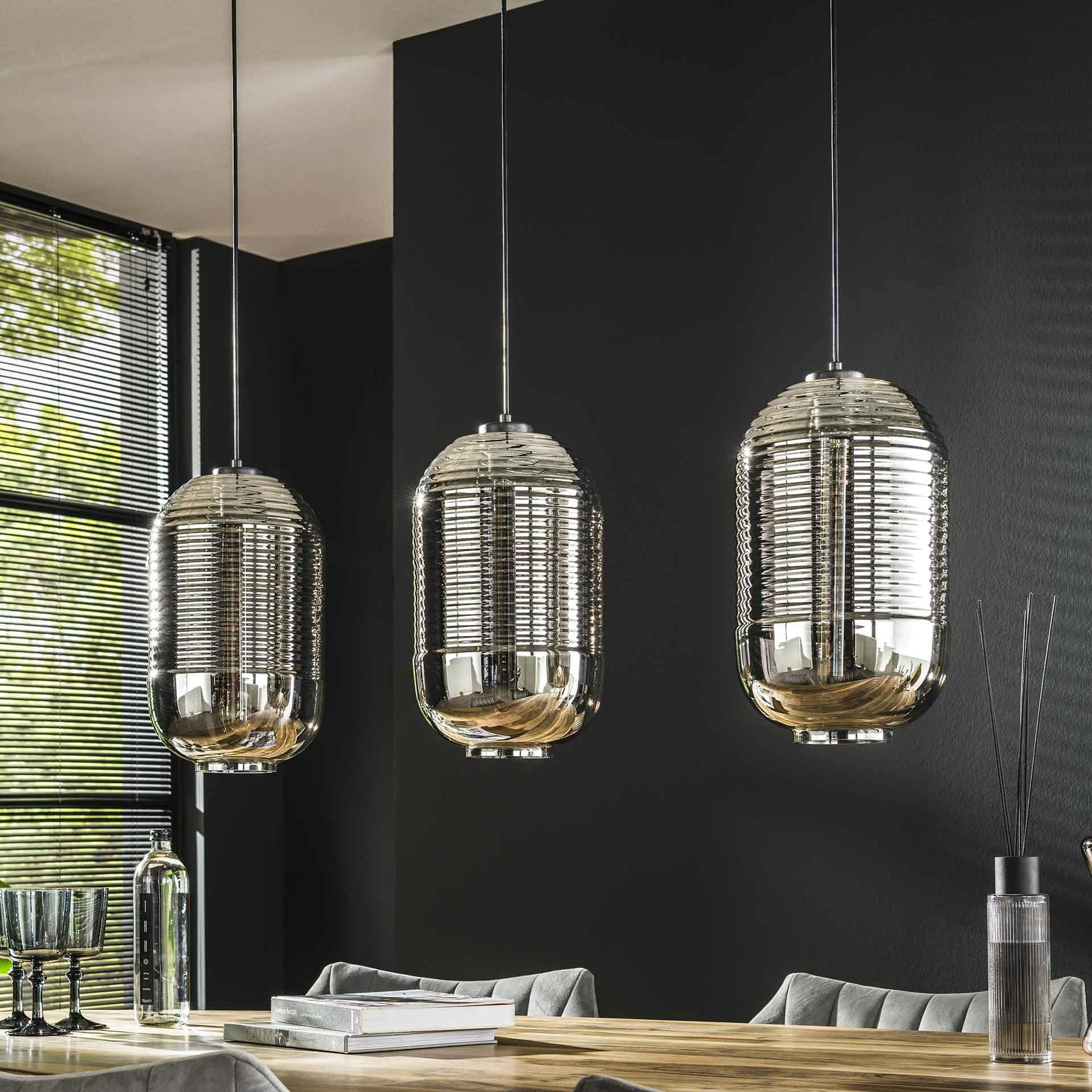 Suspension design en verre chromé et strié 3 lampes NOVA