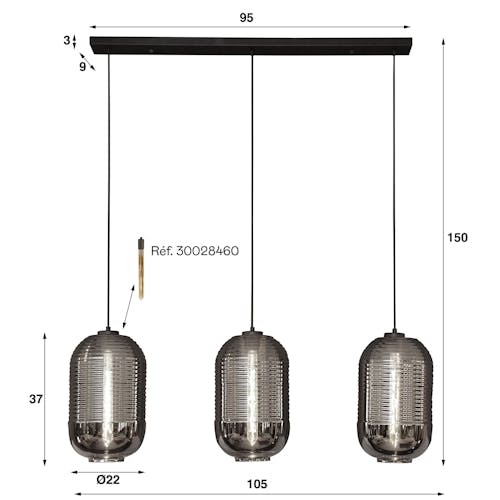 Suspension design en verre chromé et strié 3 lampes NOVA