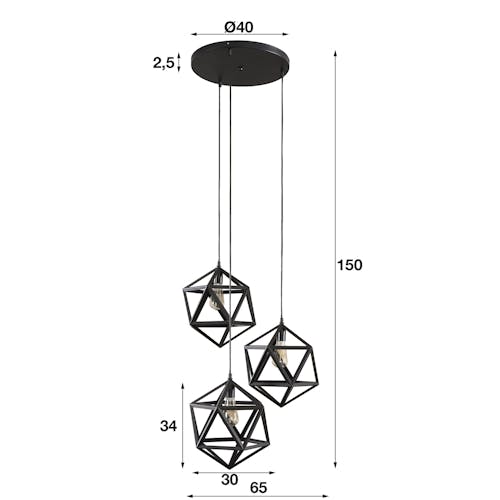 Suspension design métal noir 3 sphères géométriques 150cm TRIBECA