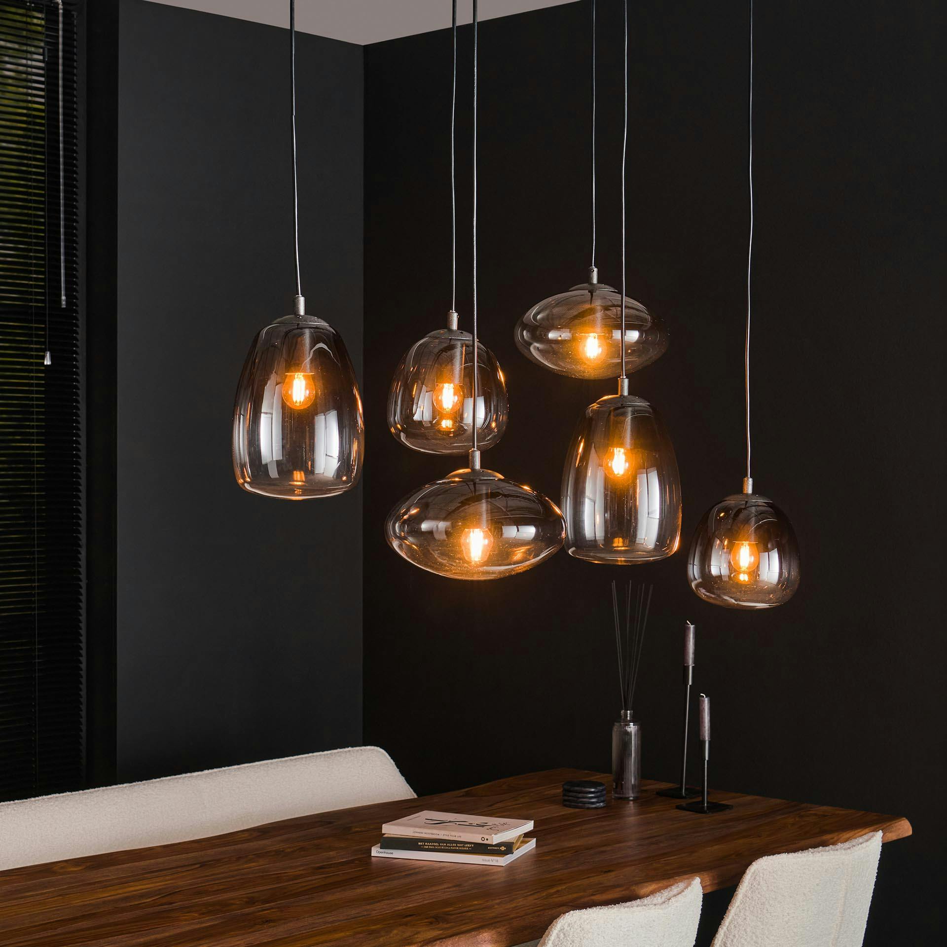 Suspension design verre fumé 6 lampes NOVA
