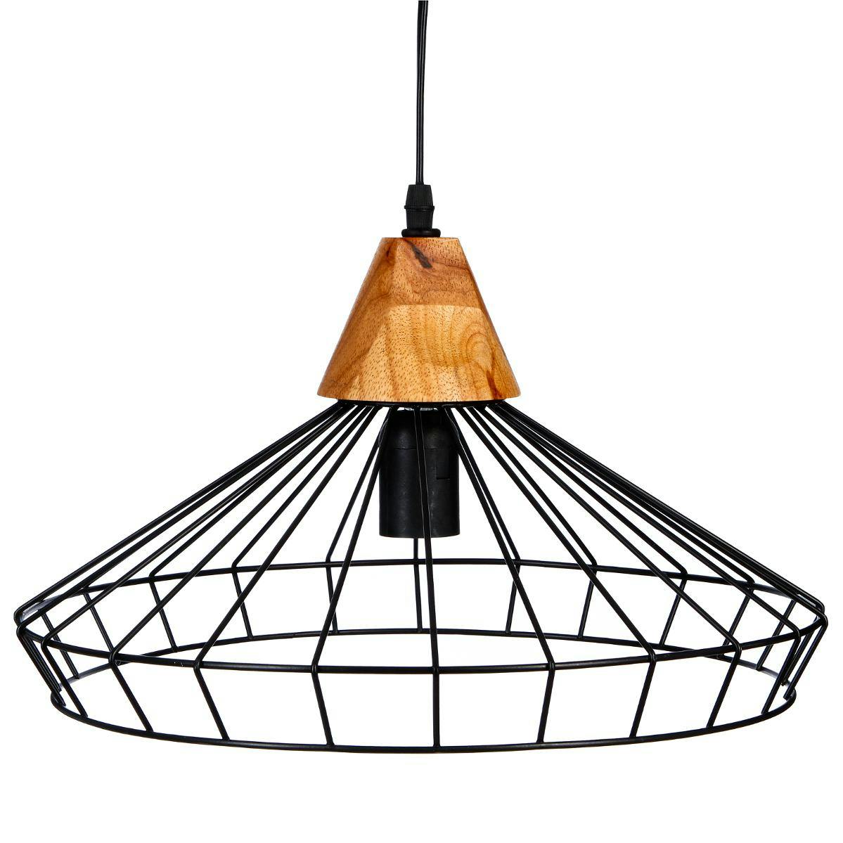 Suspension en métal fil noir forme soucoupe et base bois D38xH22cm