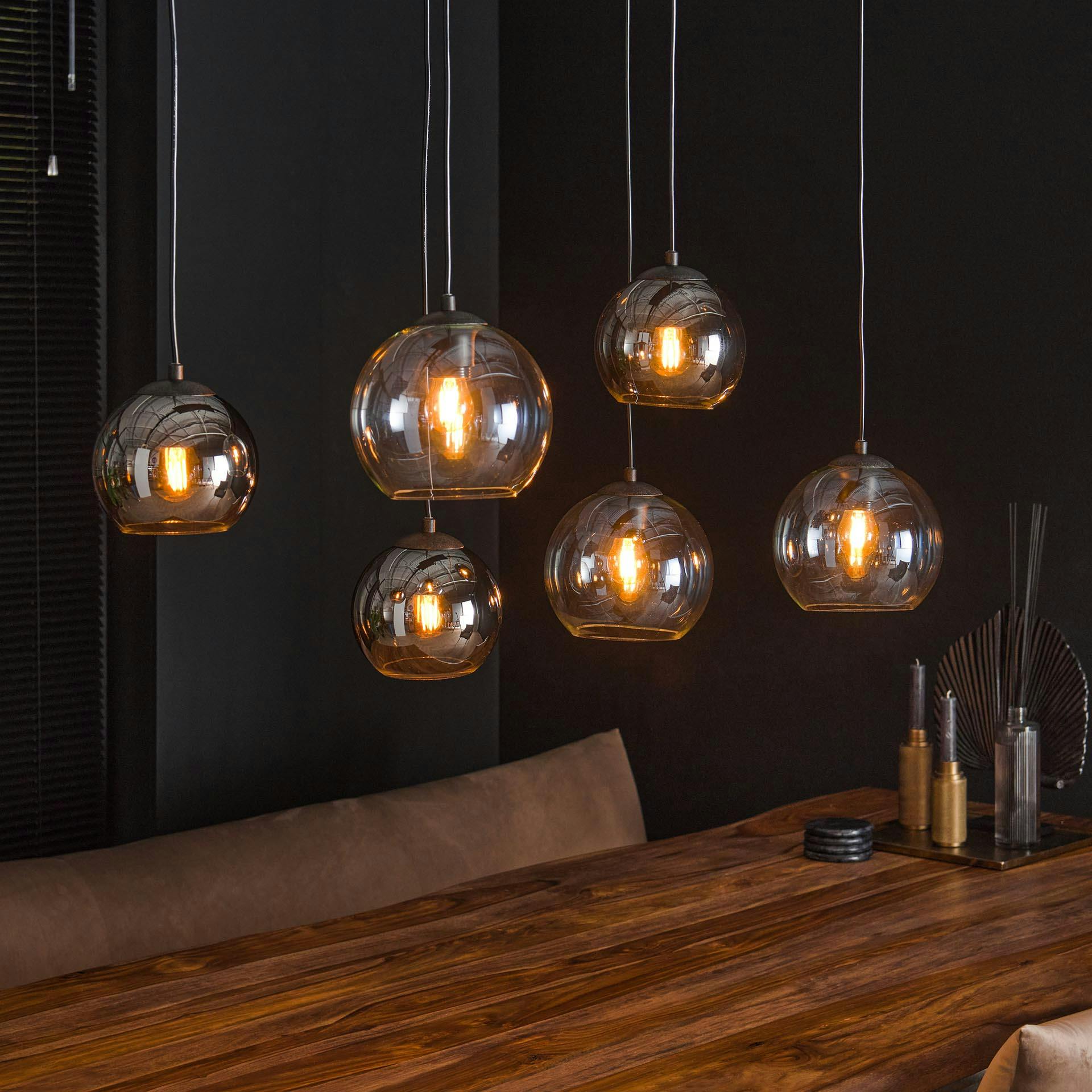 Suspension en verre 6 globes chromés et transparents NOVA