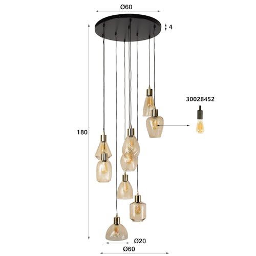 Suspension en verre ambré 9 abat-jour NOVA