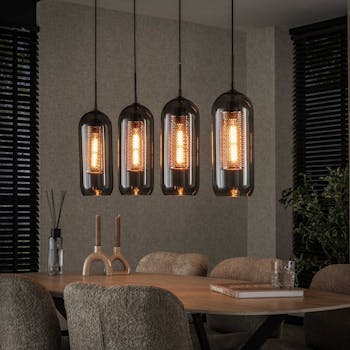 Suspension en verre fumé et métal cuivré 4 lampes horizontales NOVA