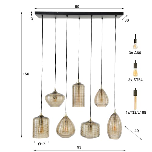 Suspension en verre strié 7 lampes ambrées NOVA