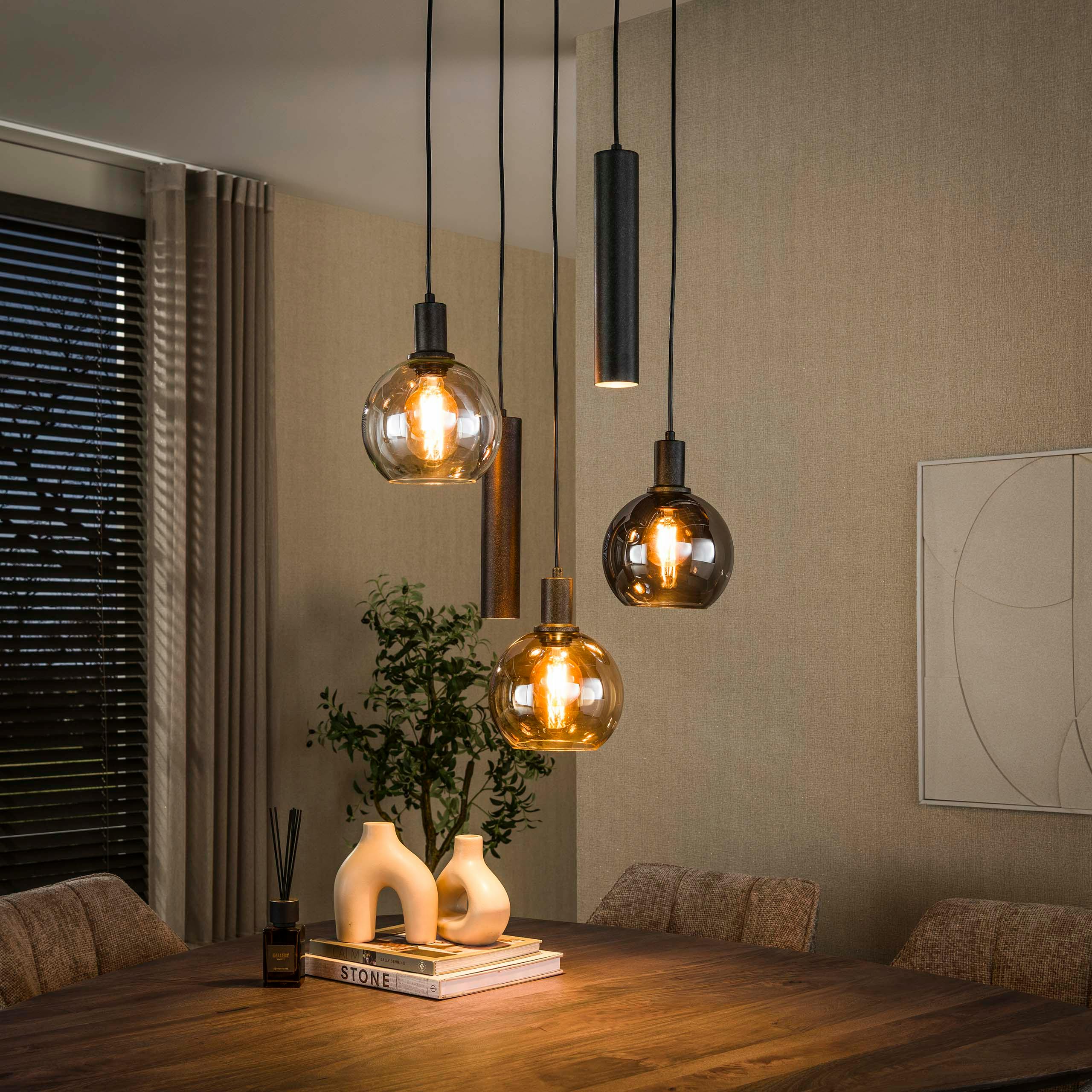 Suspension grande hauteur verre tricolore métal 5 lampes NOVA