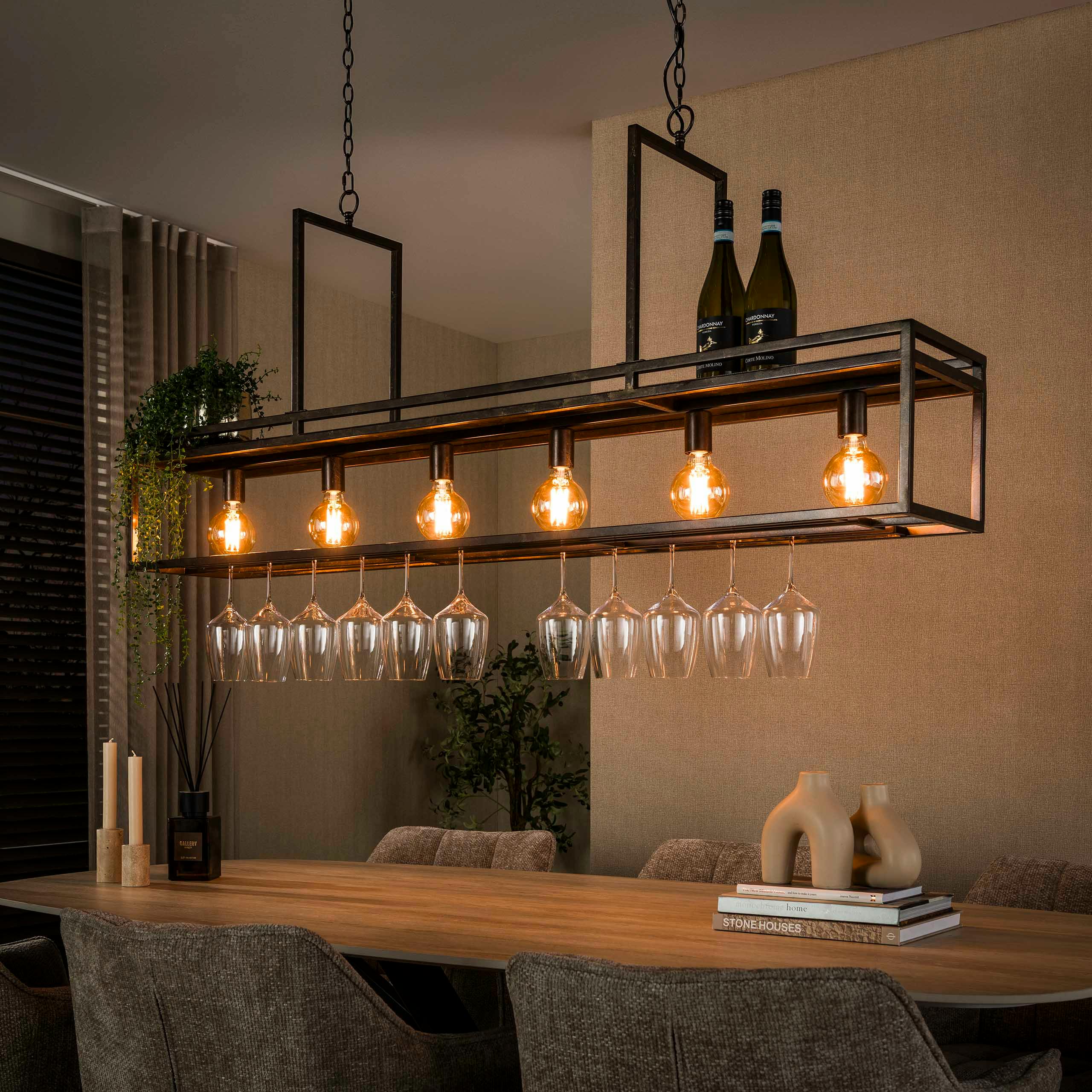 Suspension îlot cuisine métal brun avec support verres à pied 6 lampes RALF