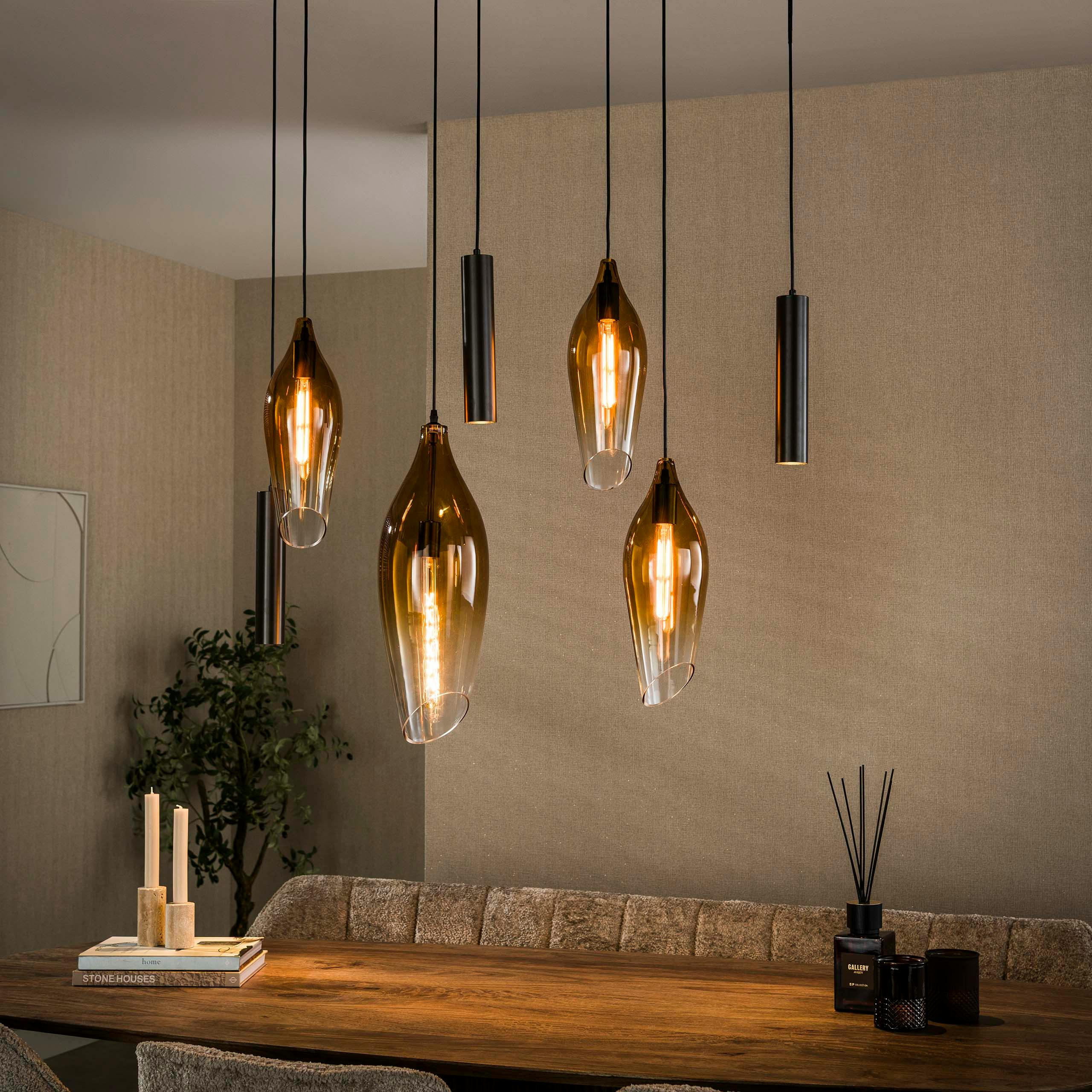 Suspension îlot cuisine verre fumé métal bronze 7 lampes NIAGARA