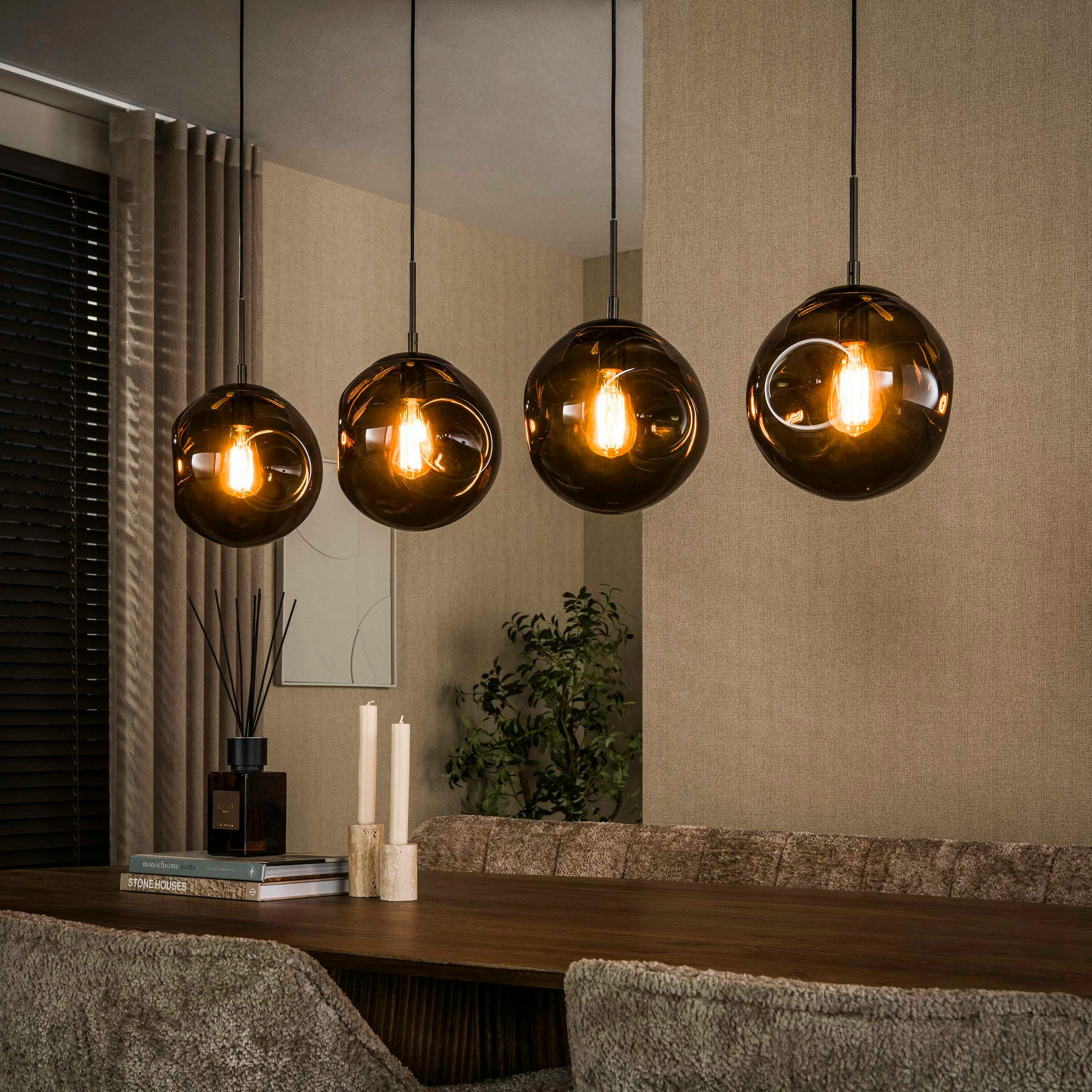 Suspension îlot cuisine vintage 4 globes verre brun NIAGARA