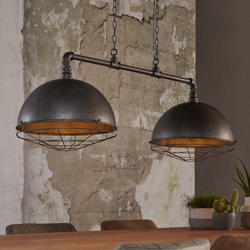 Suspension industrielle 2 lampes grillagées tuyau TRIBECA