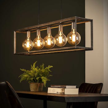 Suspension industrielle 5 lampes cadre argent vieilli RALF