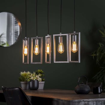 Suspension industrielle 5 lampes graphiques argent vieilli RALF