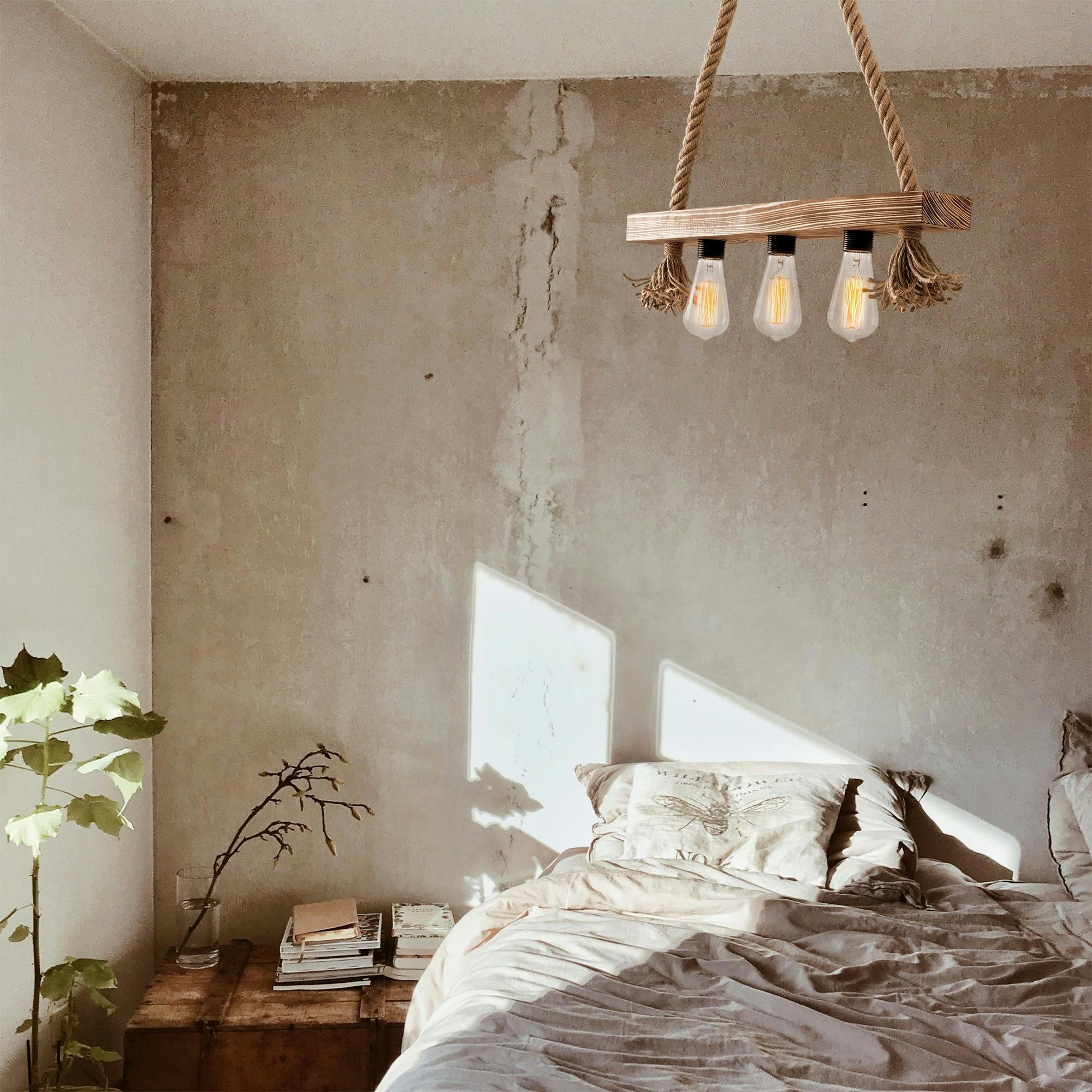 Suspension industrielle bois & corde - 3 ampoules CAMOGLI