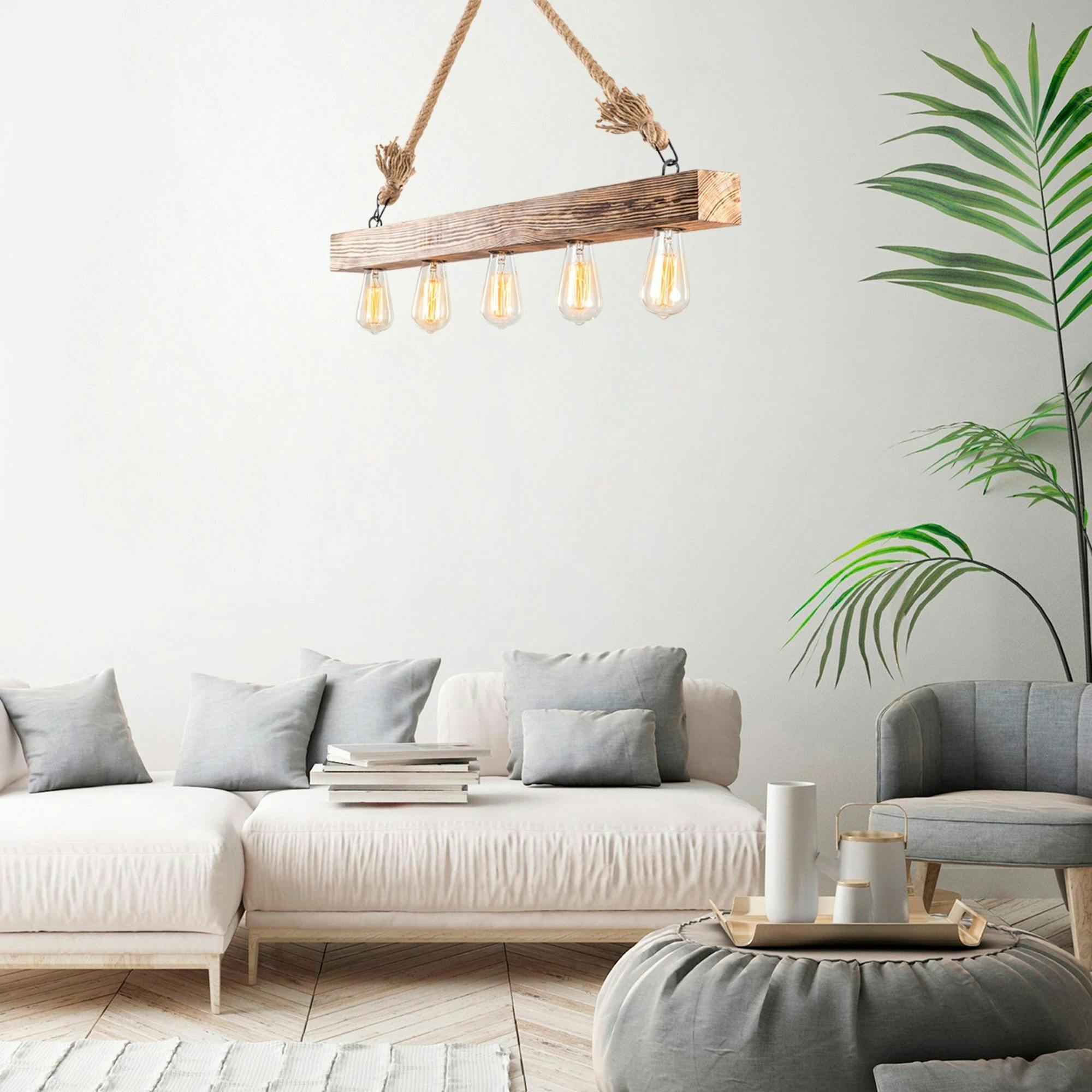 Suspension industrielle bois & corde - 5 ampoules CAMOGLI