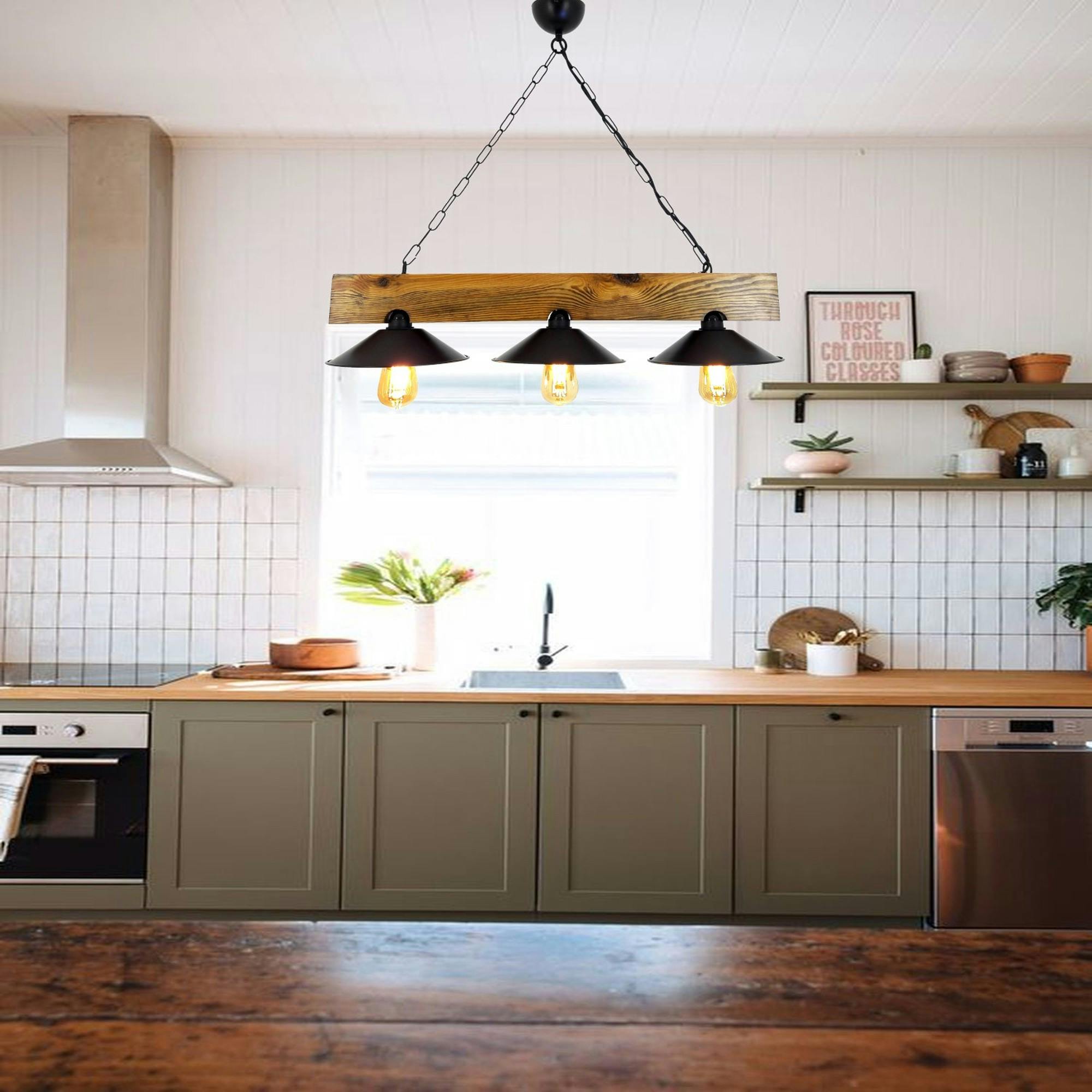 Suspension industrielle bois métal, 3 abat-jour noirs CAMOGLI