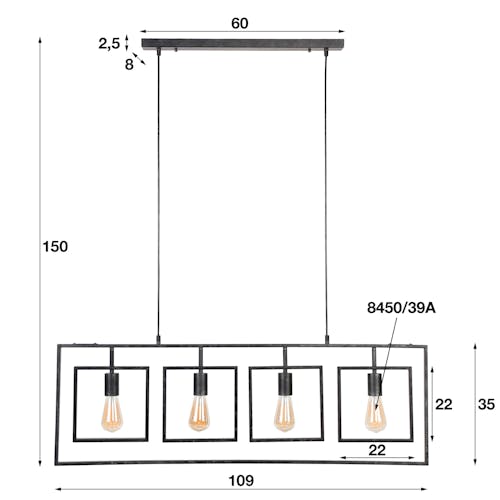 Suspension industrielle cadres 4 lampes RALF