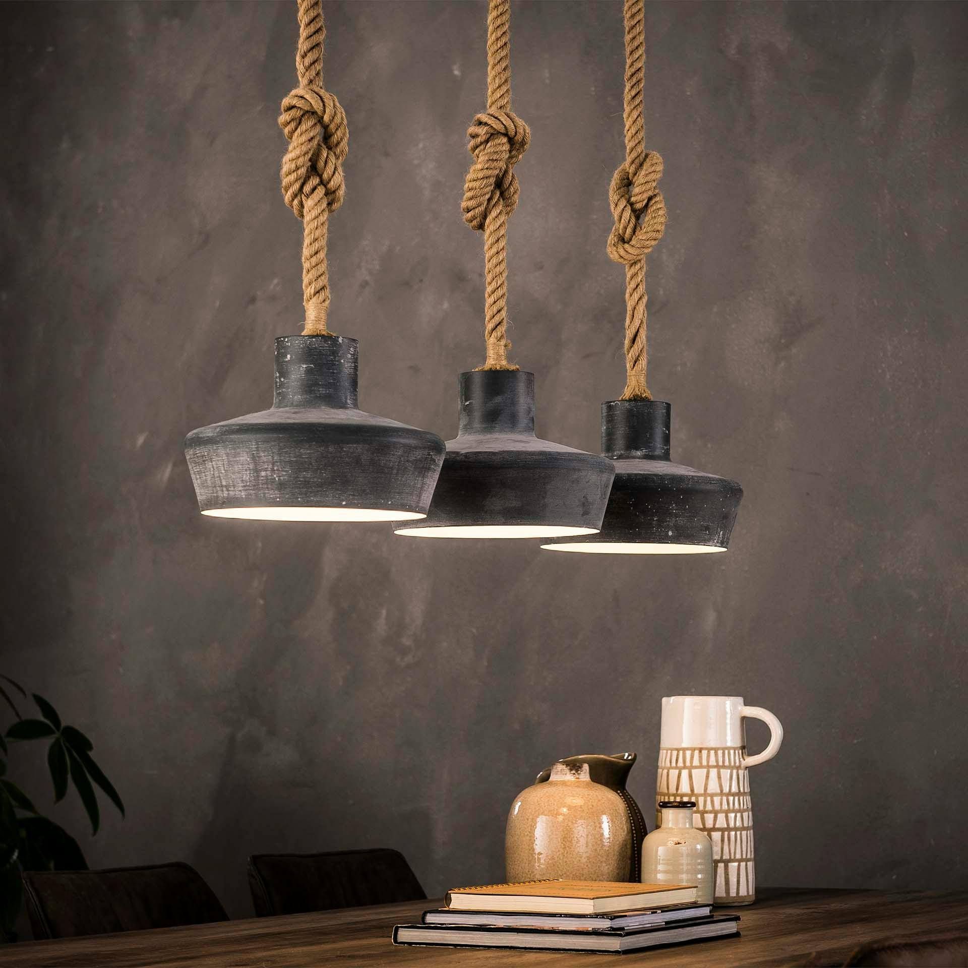 Suspension industrielle corde métal effet béton 3 lampes RALF
