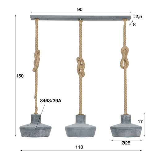 Suspension industrielle corde métal effet béton 3 lampes RALF