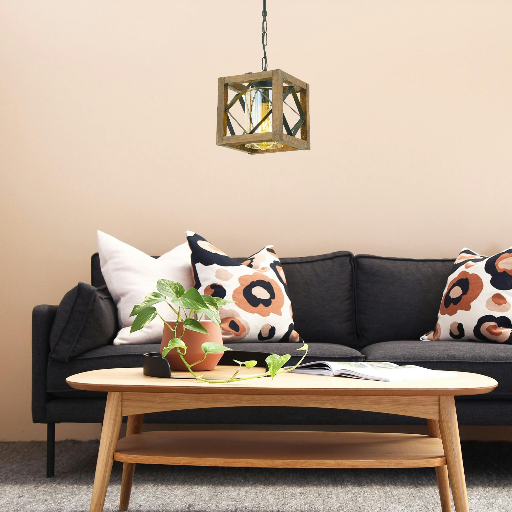 Suspension industrielle cube – bois et métal noir CAMOGLI