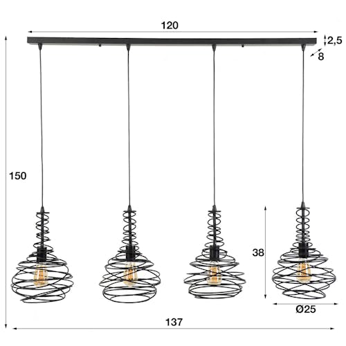 Suspension industrielle forme cône filaire noir 4 lampes RALF