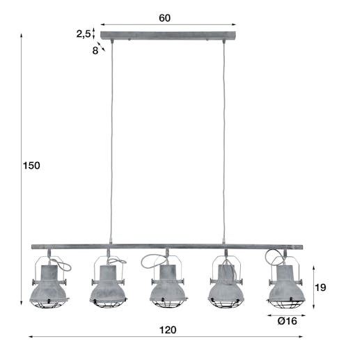 Suspension industrielle métal effet béton 5 lampes TRIBECA