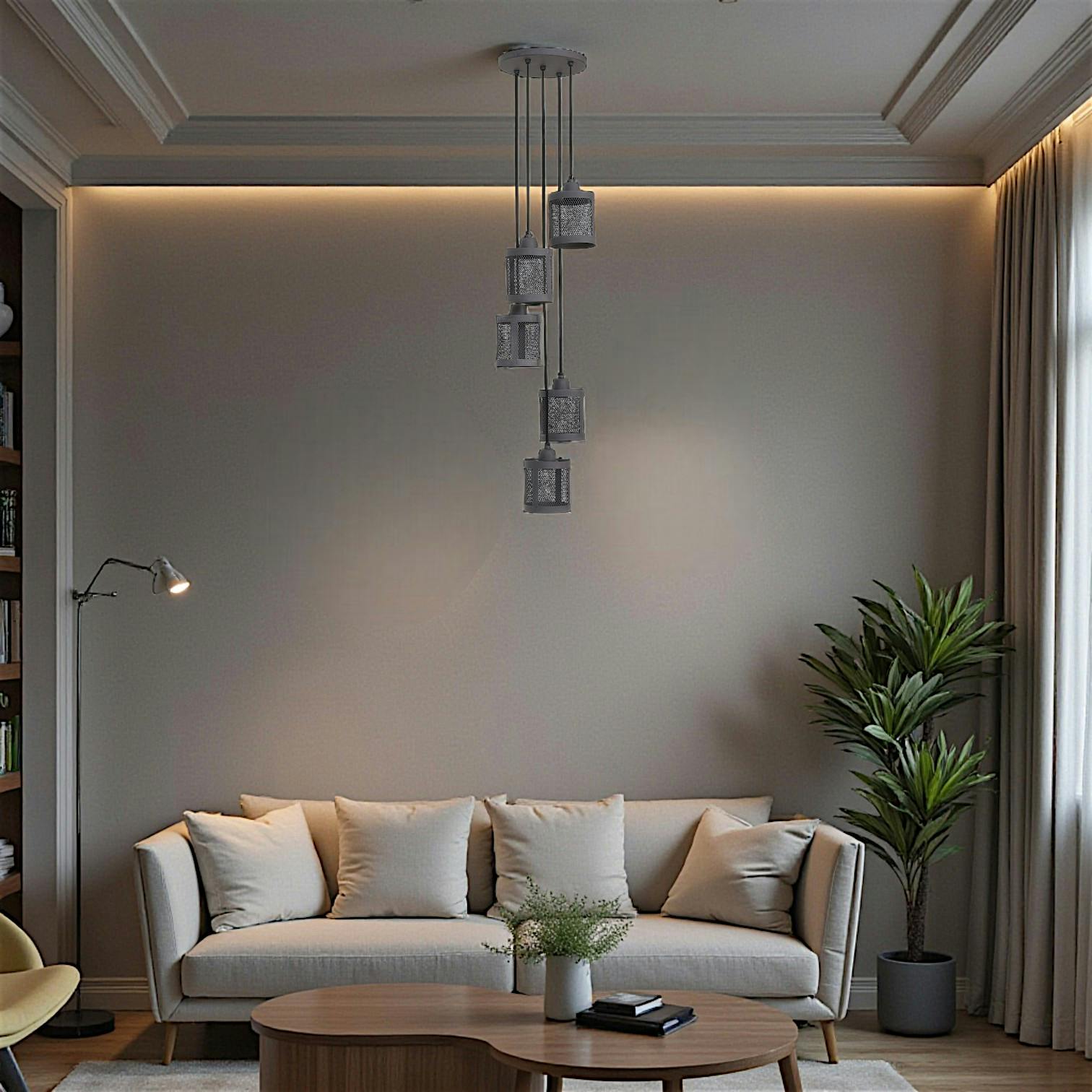 Suspension industrielle métal gris 5 lampes