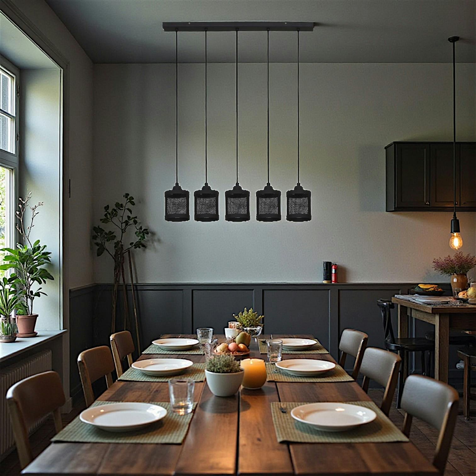 Suspension industrielle métal noir mat 5 lampes horizontales