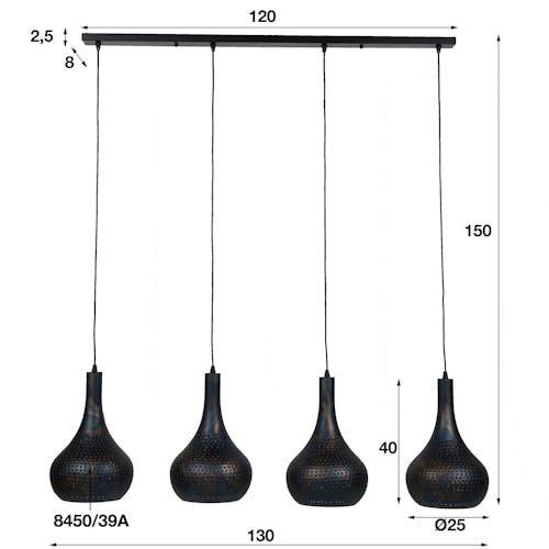 Suspension luminaire noir 4 lampes métal ajouré 130 cm JAVA