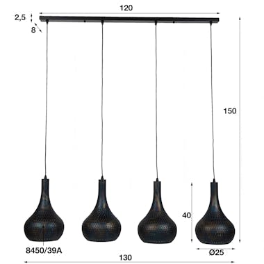 Suspension luminaire noir 4 lampes métal ajouré 130 cm JAVA