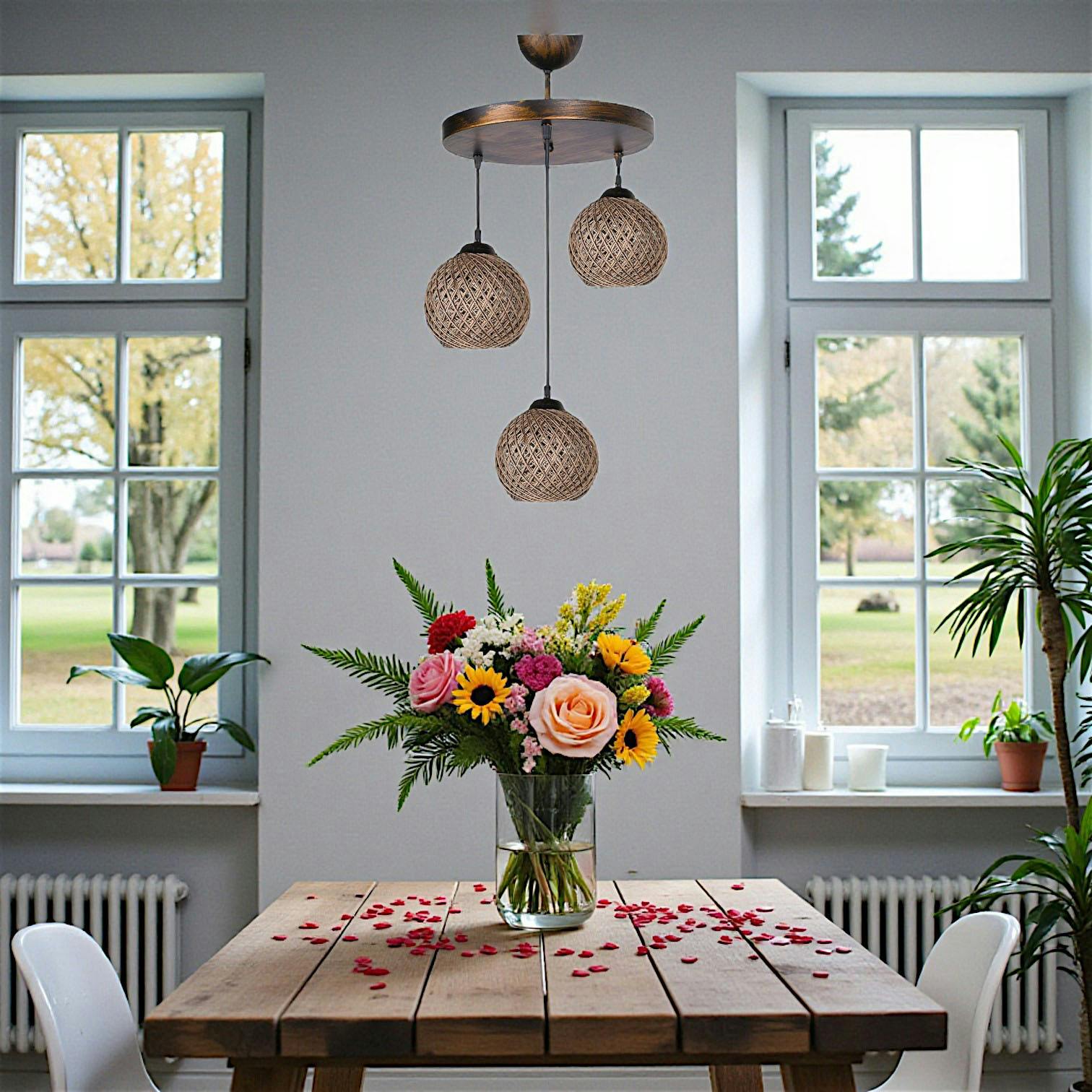 Suspension moderne 3 abat-jour tressés finition bronze AROSA