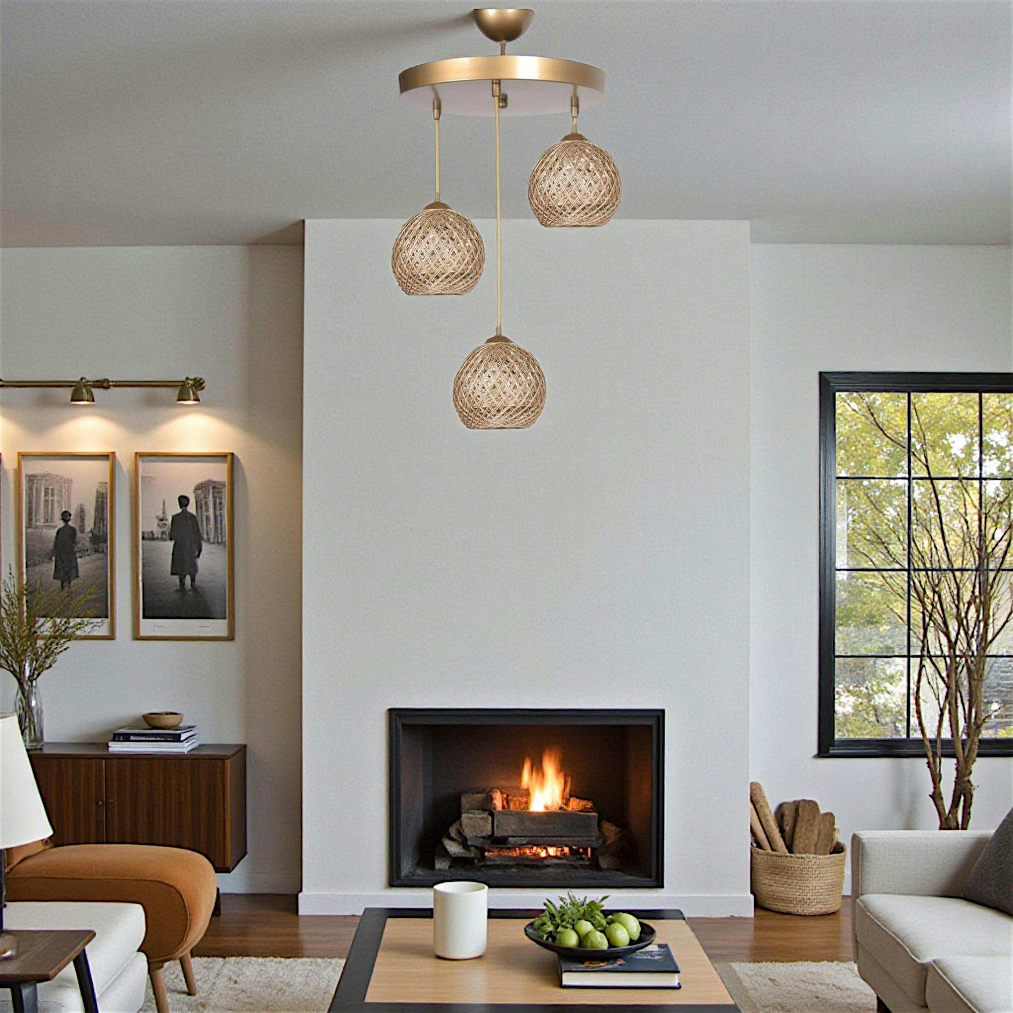 Suspension moderne 3 abat-jour tressés finition dorée AROSA