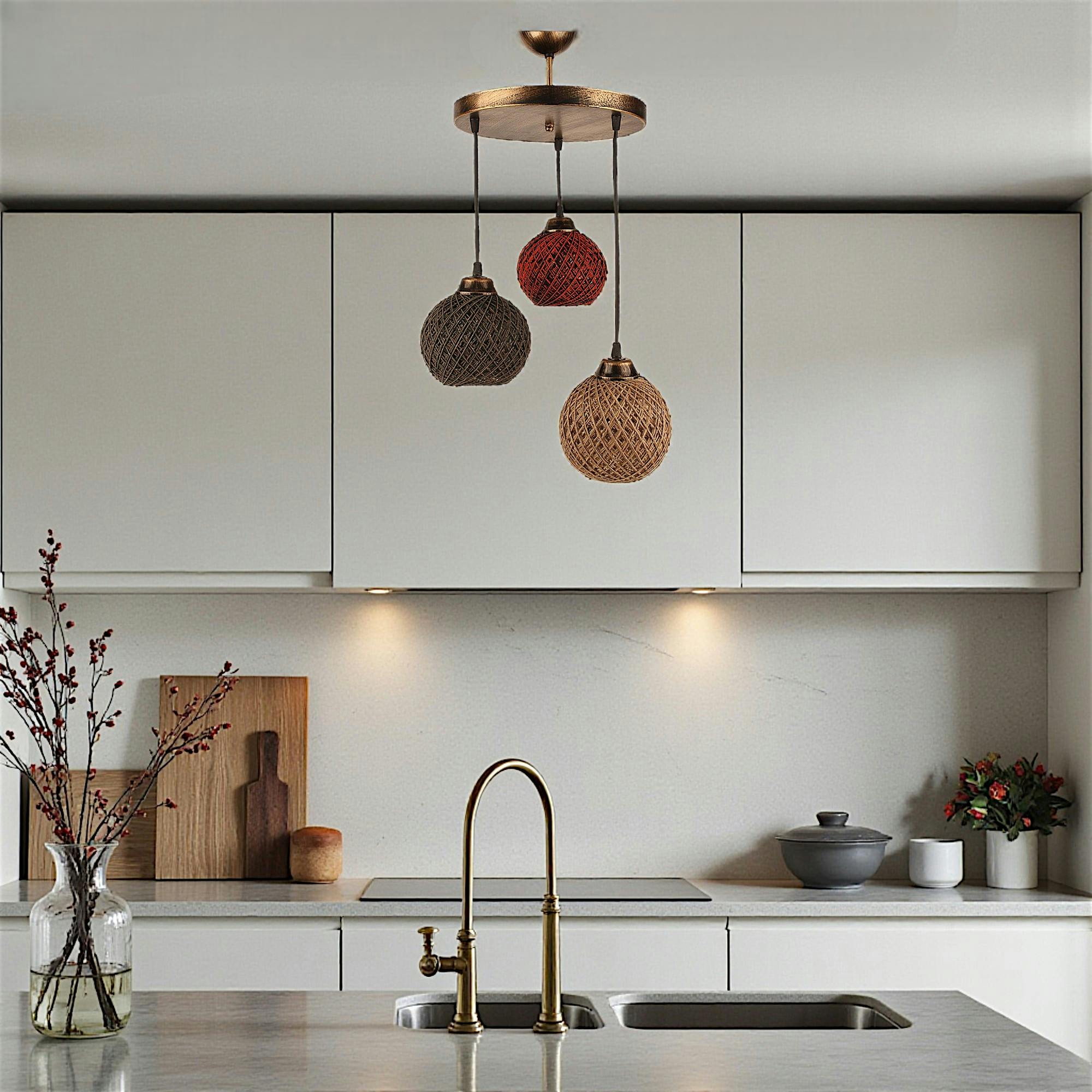 Suspension moderne 3 abat-jour tressés multicolores AROSA