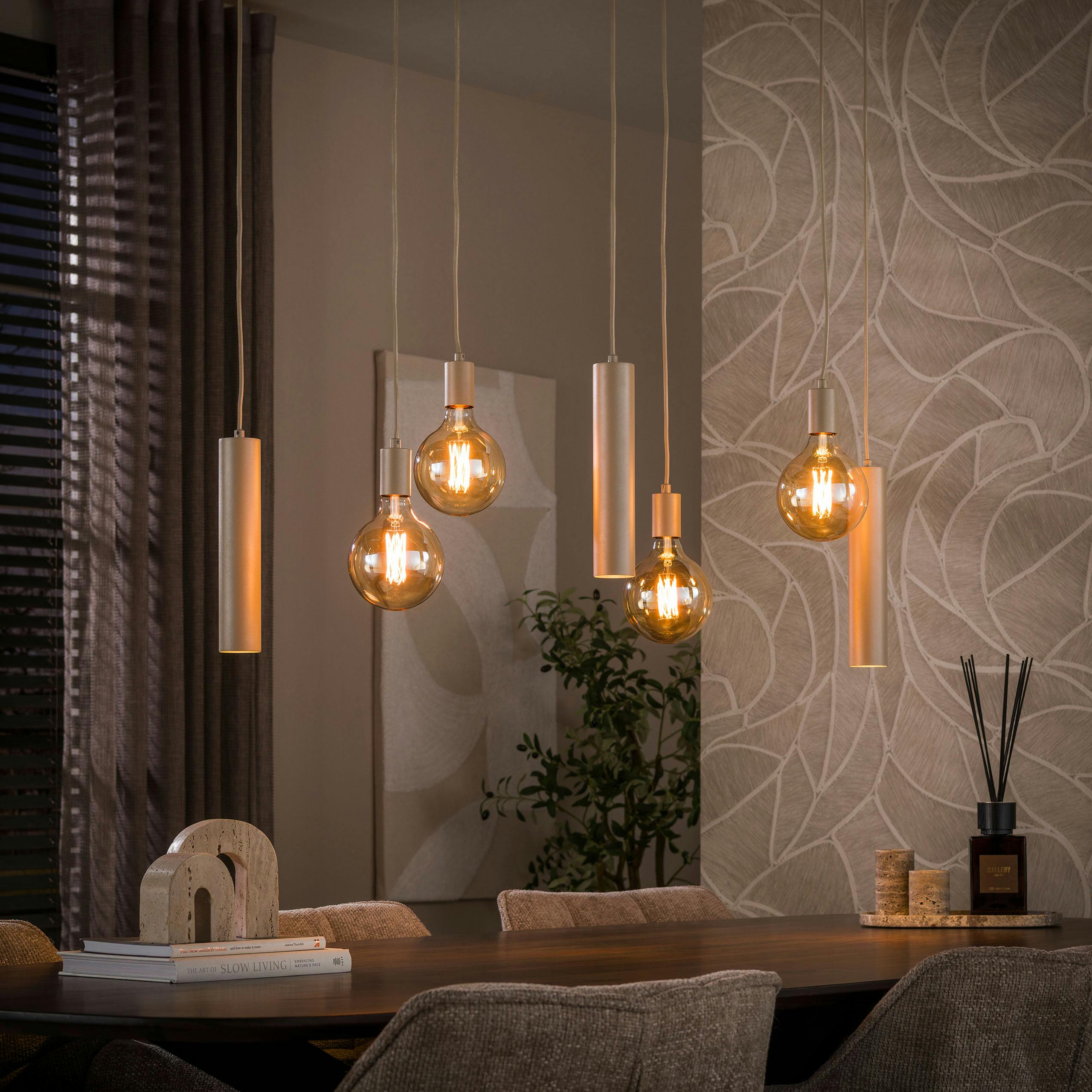 Suspension moderne 7 lampes verre ambré métal beige NIAGARA