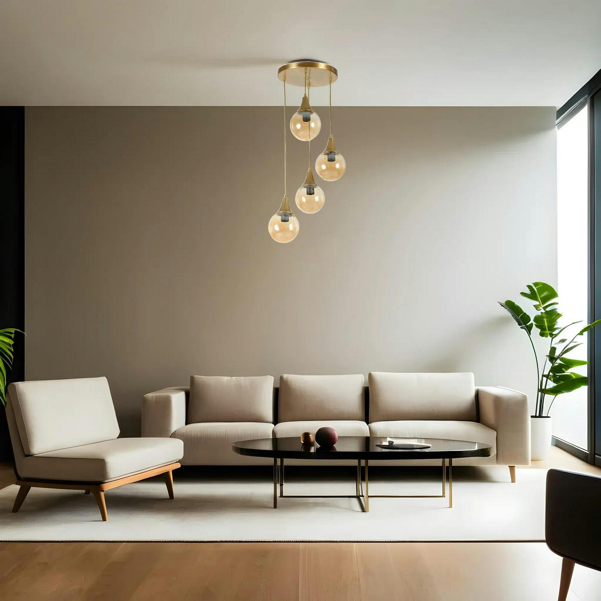 Suspension moderne dorée 4 globes verre ambré SIERRE